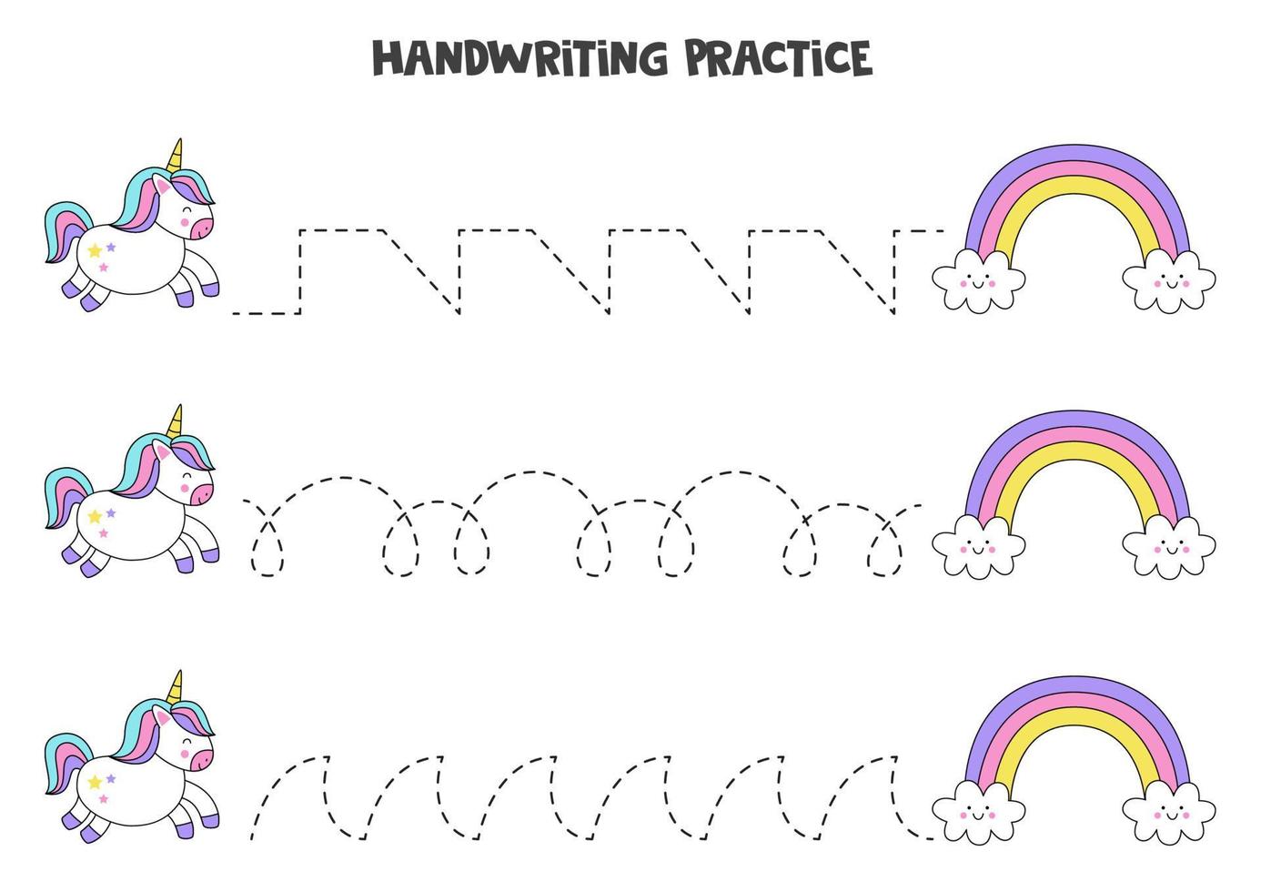 Tracing lines with cute unicorn and rainbow. Writing practice. vector