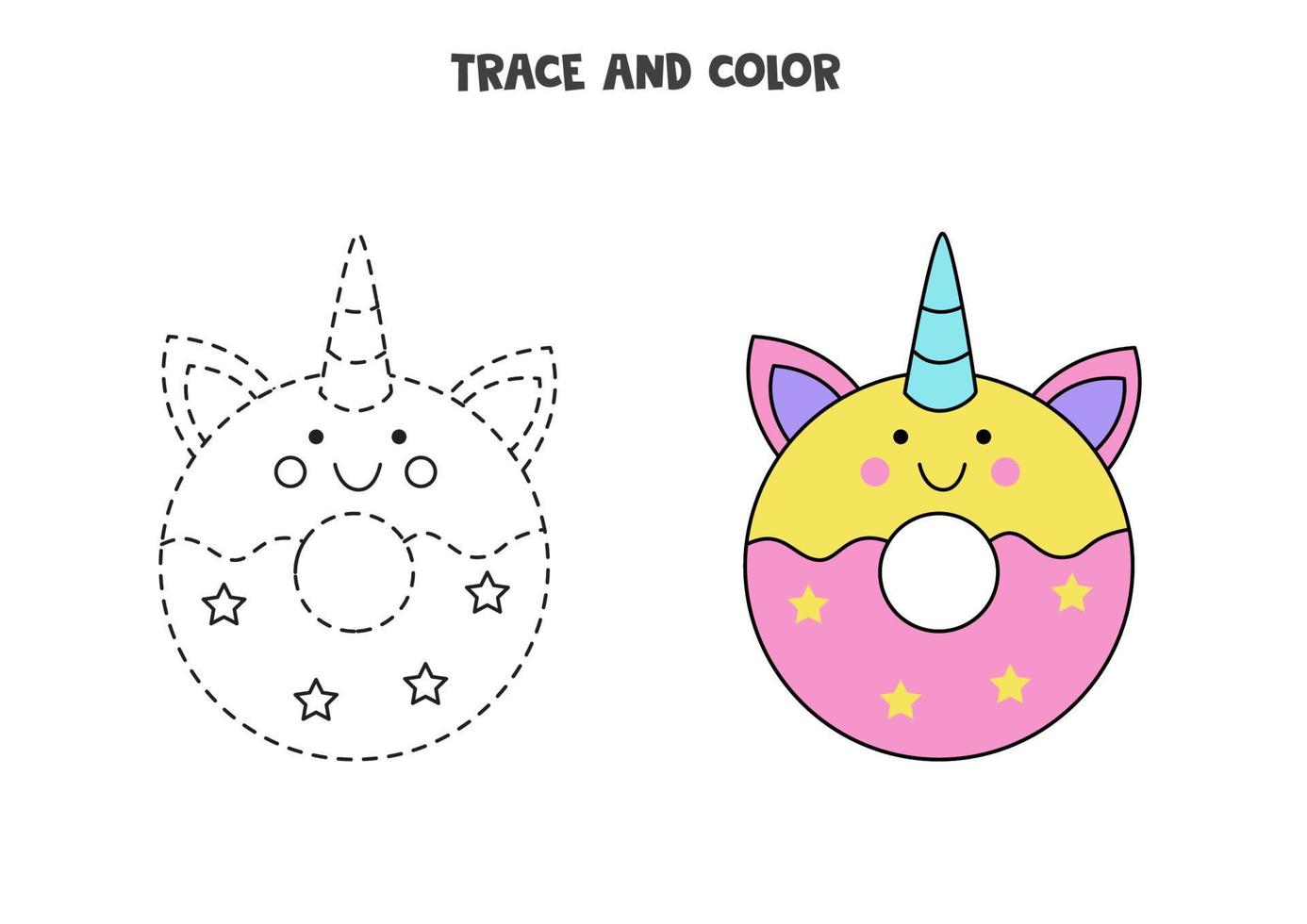 Trace and color cute unicorn donut. Worksheet for girls. vector