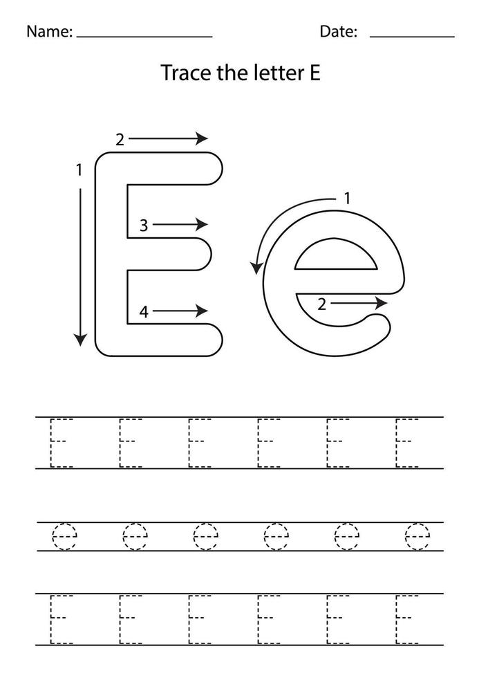 Learning English alphabet for kids. How to write letter E. vector