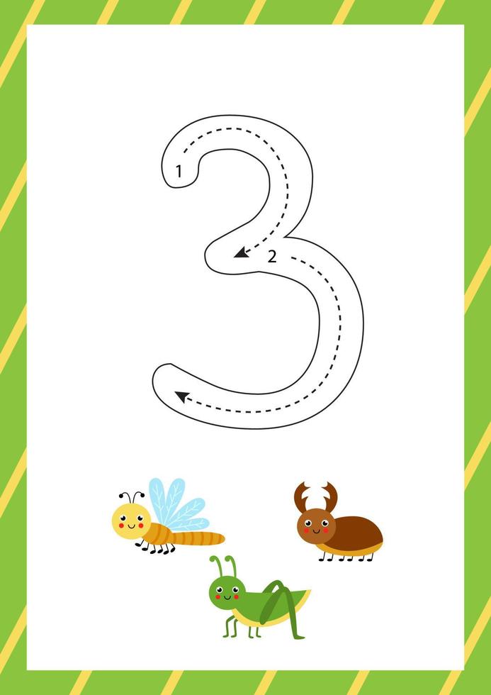 Cute flashcard how to write number 3. Worksheet for kids. vector
