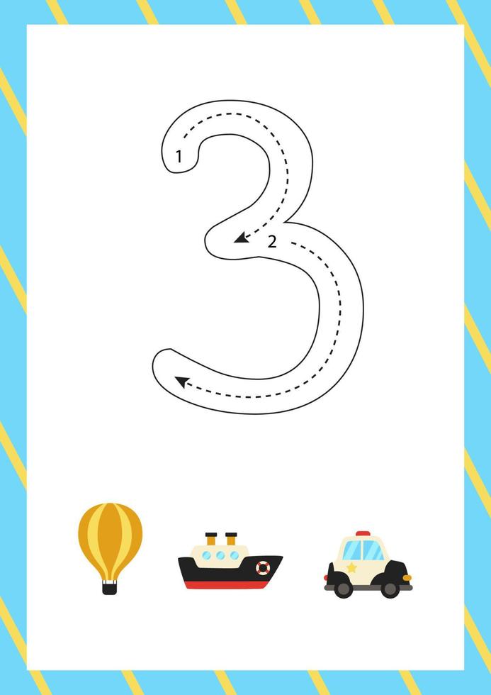 Cute flashcard how to write number 3. Worksheet for kids. vector