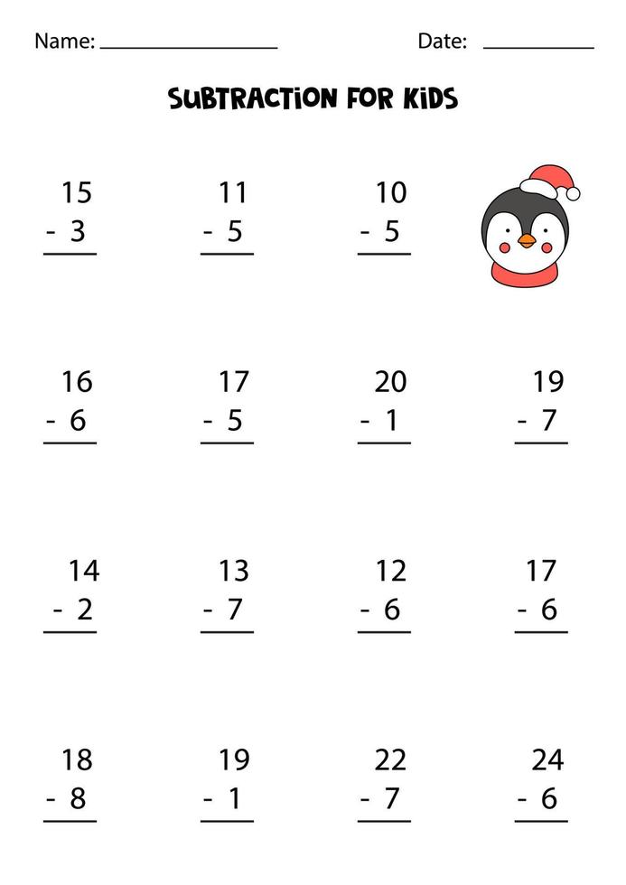 Subtraction with cute penguin. Educational math game for kids. vector