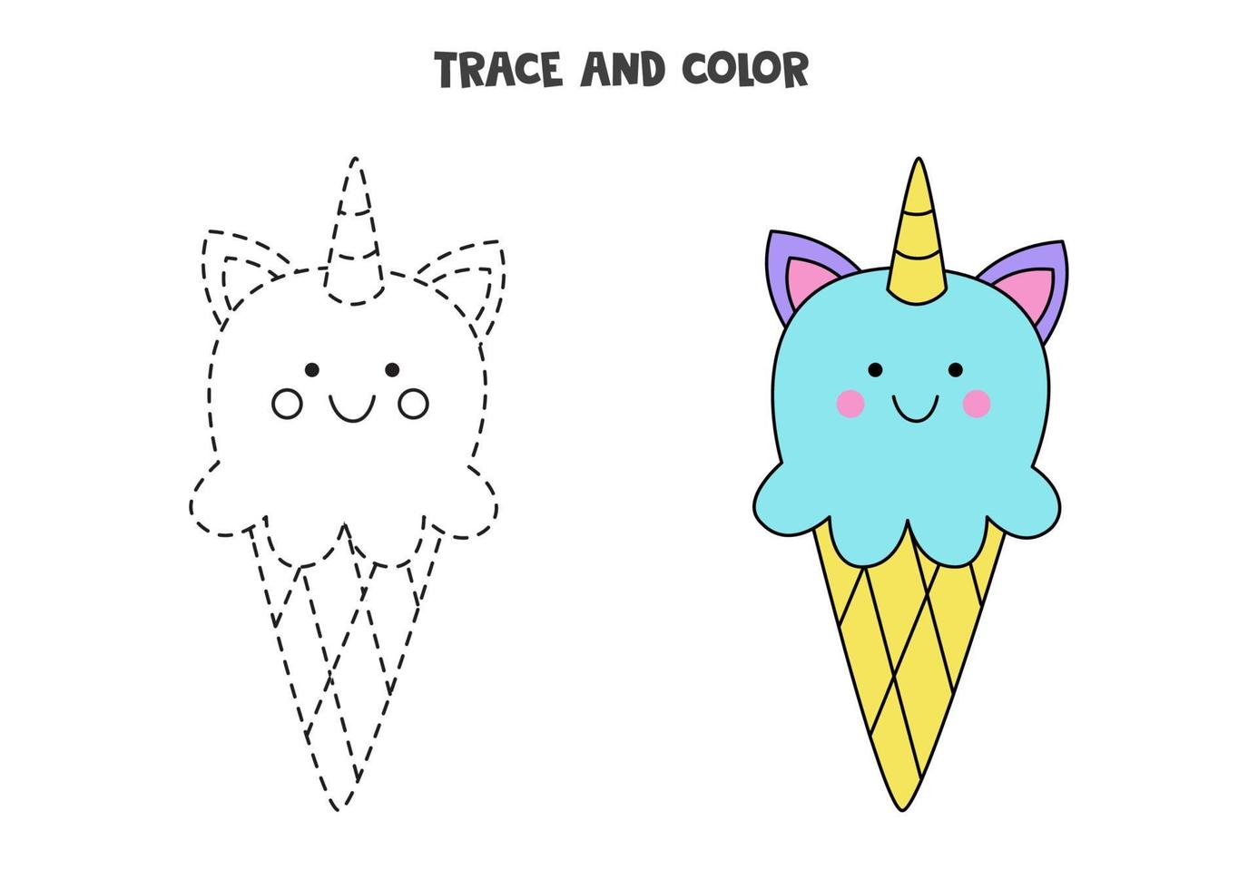 Trace and color cute unicorn ice cream. Worksheet for girls. vector