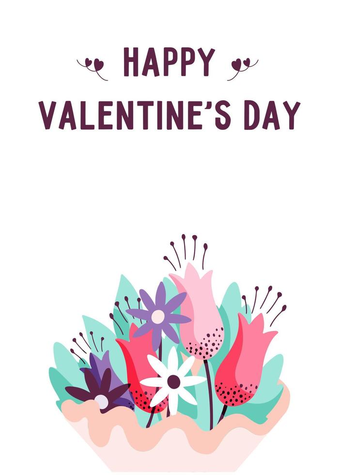 Happy Valentine's day. Greeting card for February 14 with a beautiful bouquet of flowers. Vector hand drawn illustration
