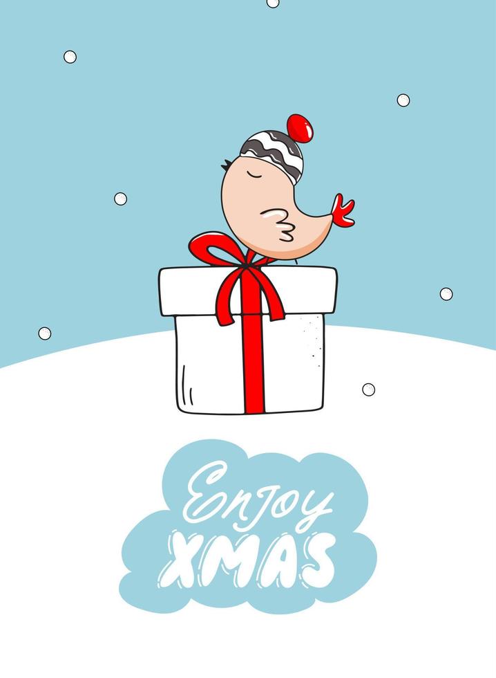 Christmas card with gift box, cute bird and lettering. Enjoy Xmas lettering. Vector hand drawn illustration