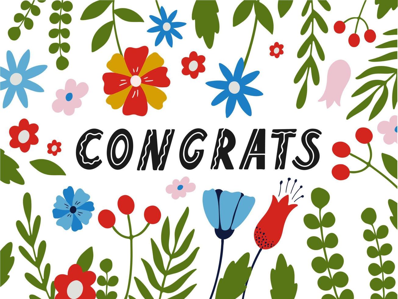 Congrats lettering c with floral decor elements, isolated on white background. Vector illustration with the inscription Congratulations