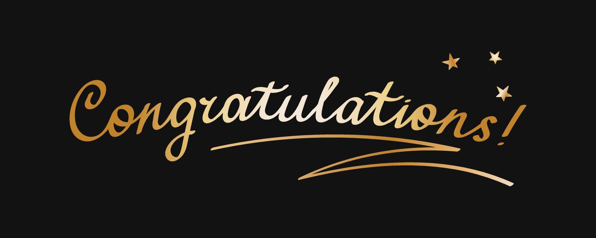 Congrats golden lettering isolated on dark background. Vector illustration with the inscription Congratulations and stars