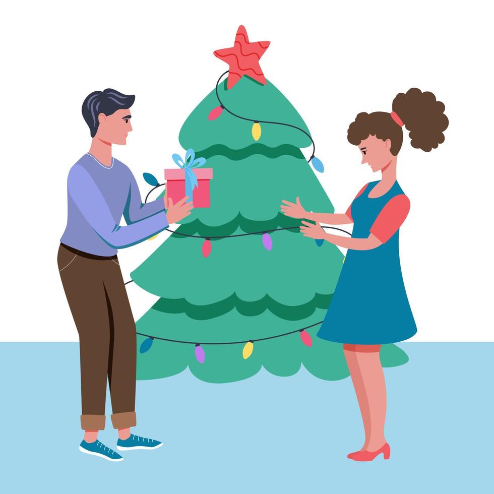 The season of giving. A man gives a gift to a young woman on the background of a Christmas tree Vector illustration in a flat style