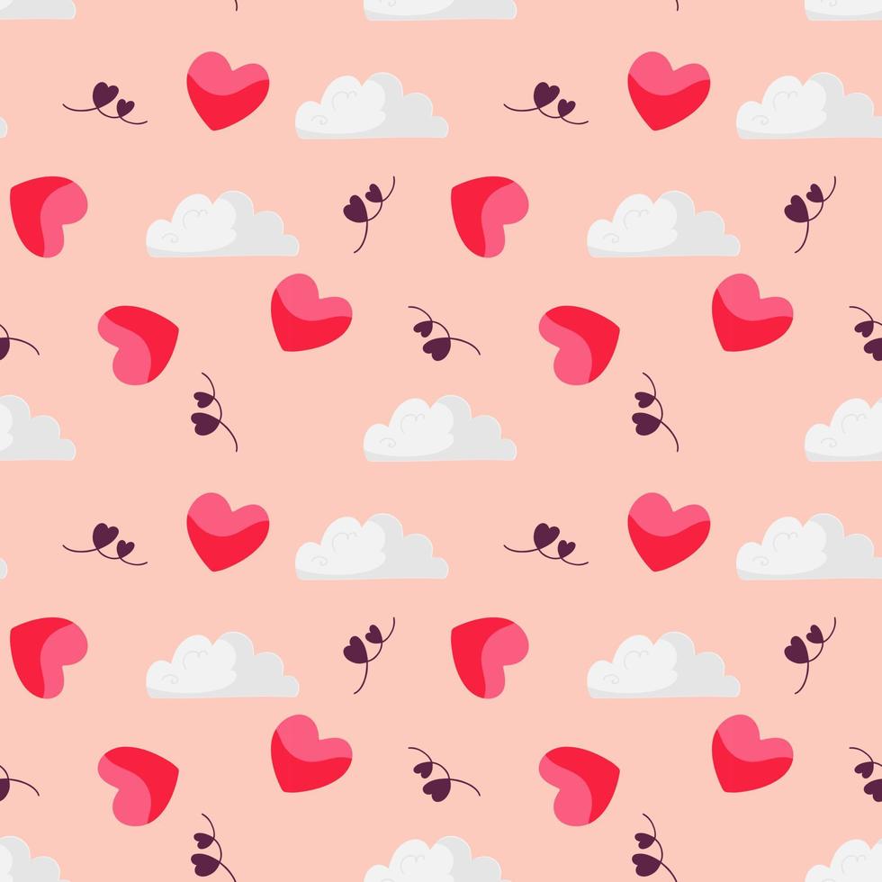 Seamless pattern with hearts and clouds on a delicate pink background. Valentines day vector endless texture for holiday decoration