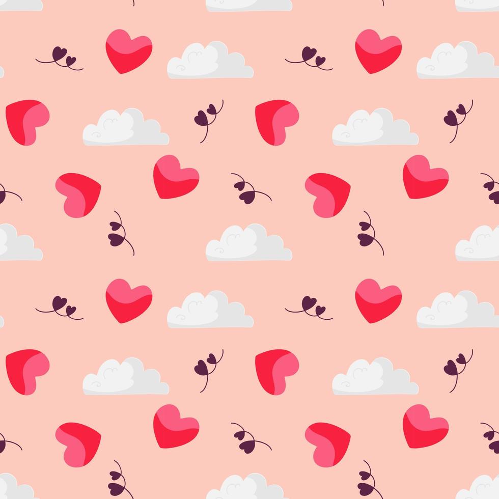 Seamless pattern with hearts and clouds on a delicate pink background. Valentines day vector endless texture for holiday decoration