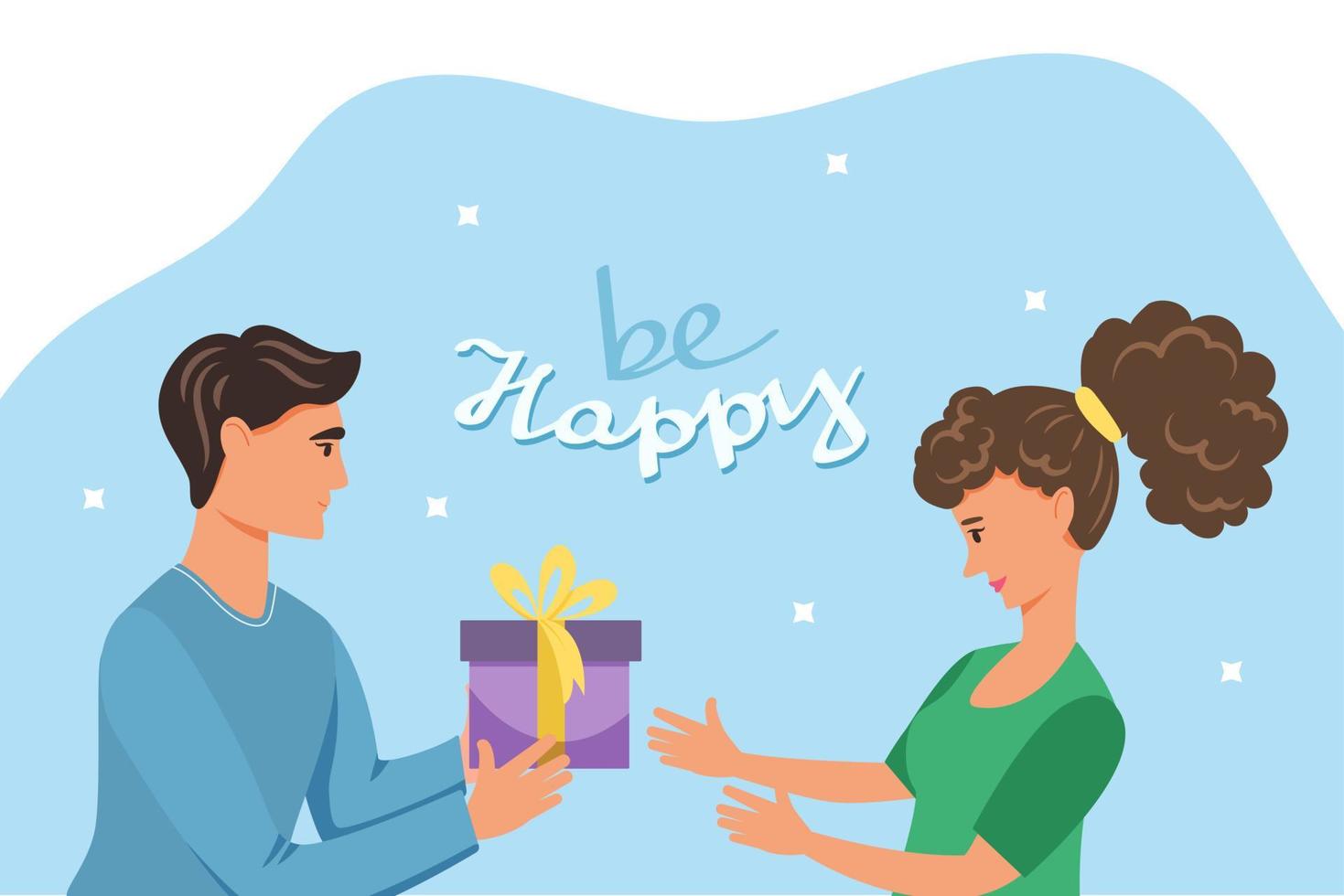 The season of giving. A man gives a gift box to a young woman. Vector illustration in flat style and lettering be happy