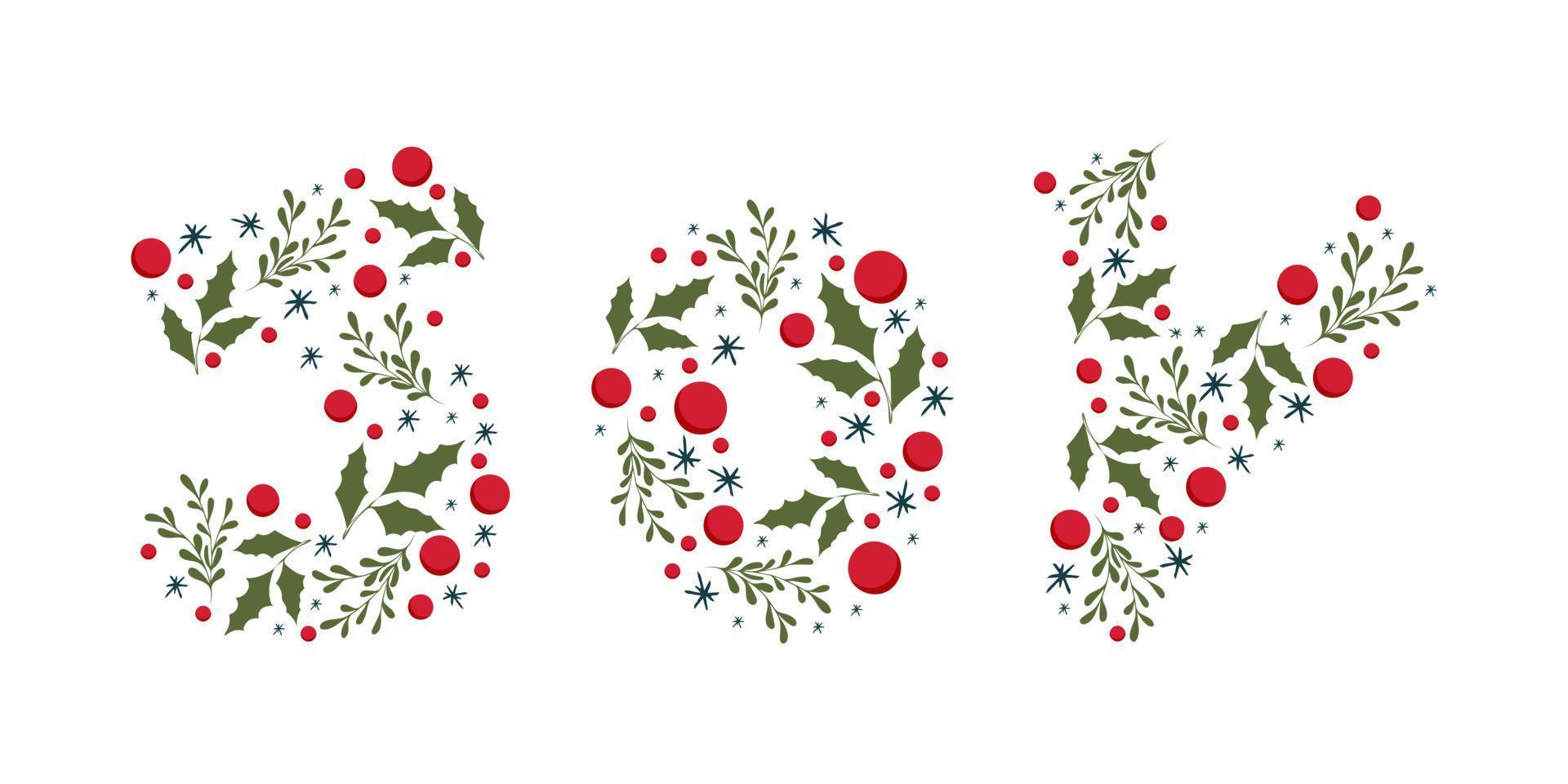 Joy - floral decorative Christmas lettering with hand drawn elements. Vector illustration lettering