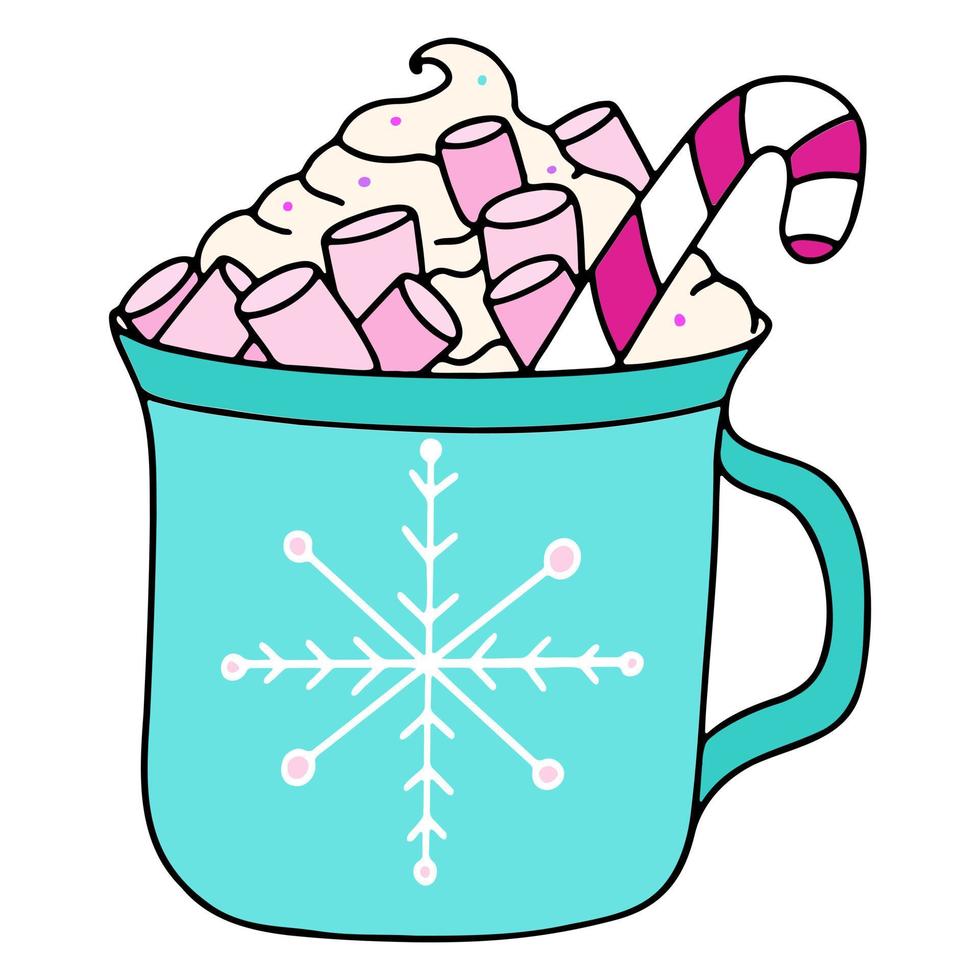 Cute vector mug with cocoa or coffee, marshmallow and lollipop, Christmas holiday drink