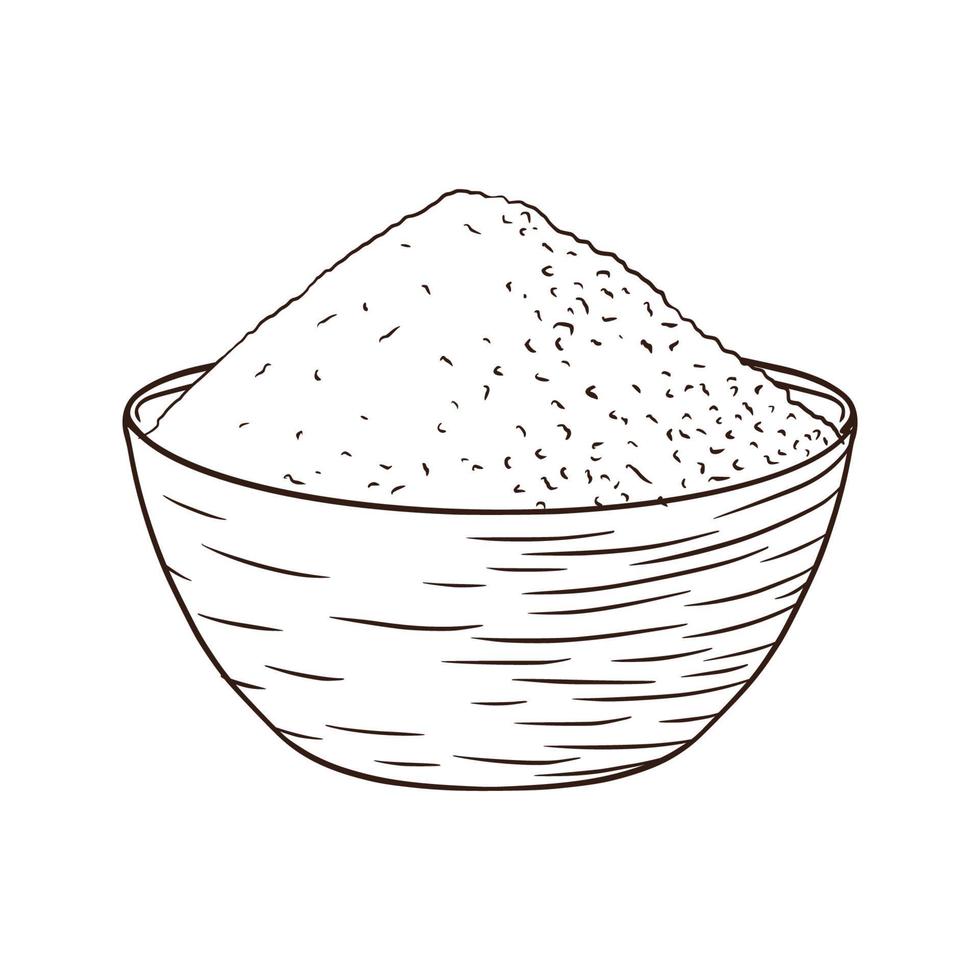 cuenco con azúcar ilustración grabada. cuenco dibujado a mano con granos blancos para logotipo, receta, impresión, pegatina, diseño de menú de panadería y decoración vector