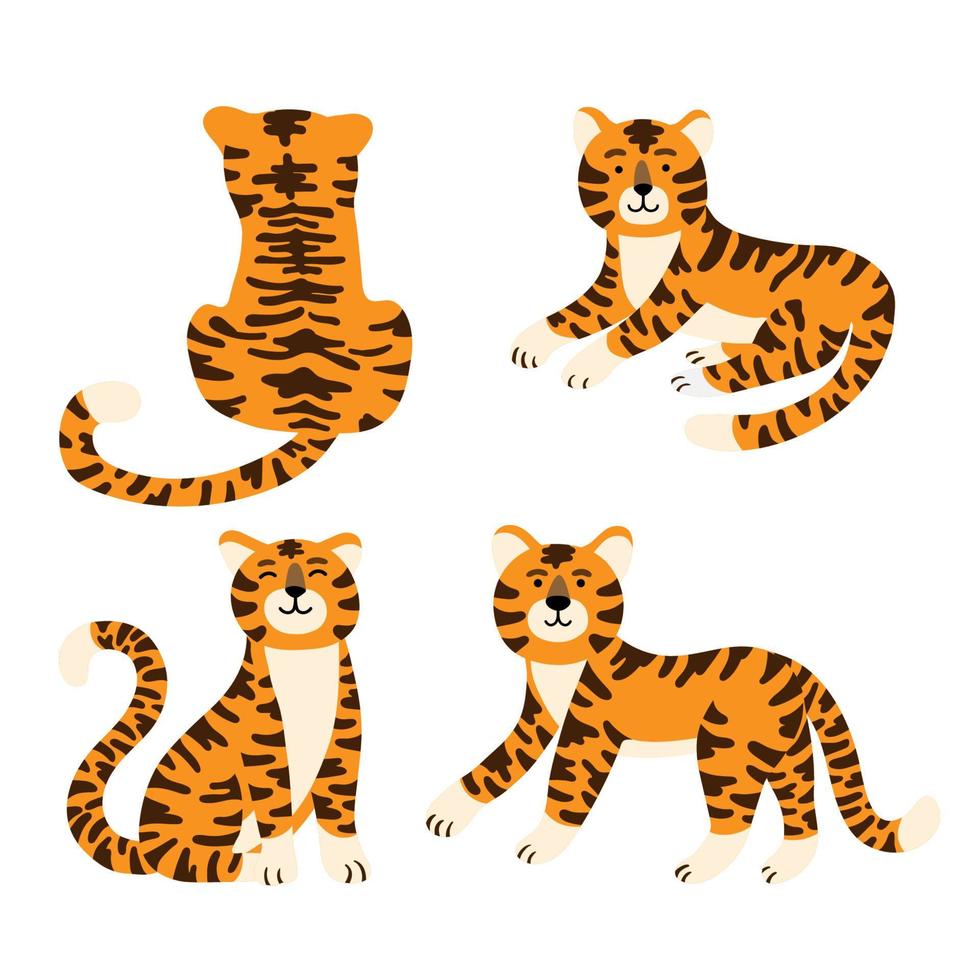 Set of cute cartoon tigers in different poses isolated vector illustration. Symbol of chinese holiday, 2022 new year character. Wildlife and fauna theme, cat jungle, wild mammal mascot