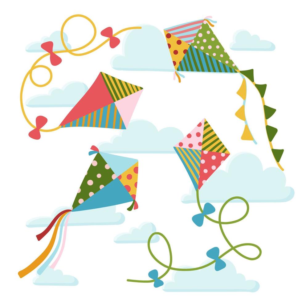 Cartoon kites and clouds set. Wind flying toy with ribbon and tail for kids. Makar Sankranti background. Outdoor activity in childhood, vector illustration