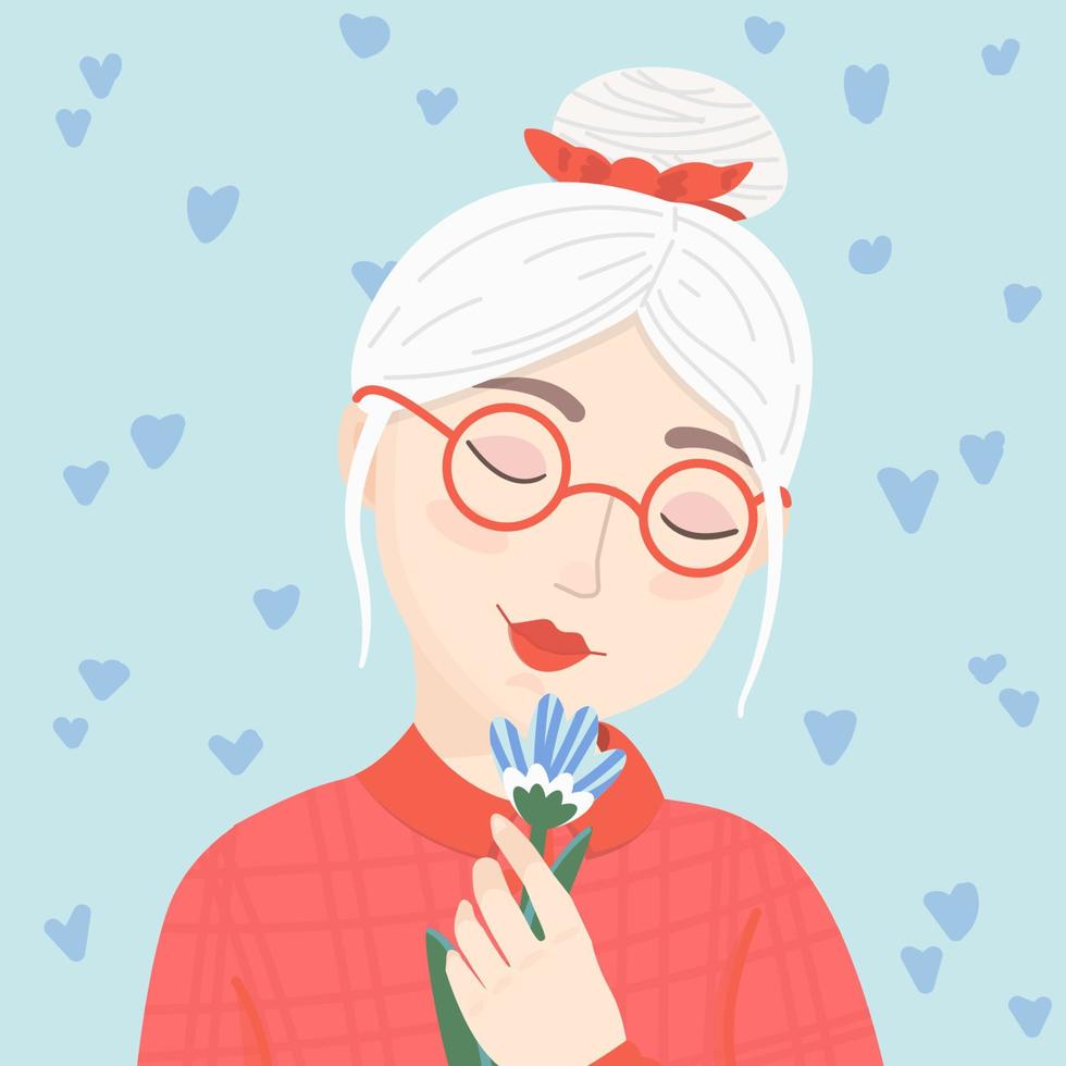 Girl in trendy sunglasses retro fashion look. Blond hair woman with flower. Spring poster design. Cute cartoony female face. Beautiful girl portrait for card and web. Tenderness and holiday concept. vector