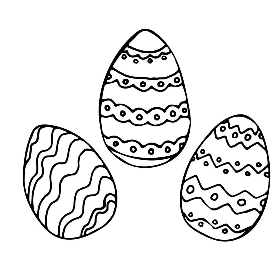 colección de iconos de huevos de Pascua. símbolos de vacaciones de primavera boceto de garabatos de adornos de huevo. Ilustración de vector dibujado a mano en dibujo de contorno de estilo doodle aislado sobre fondo blanco.