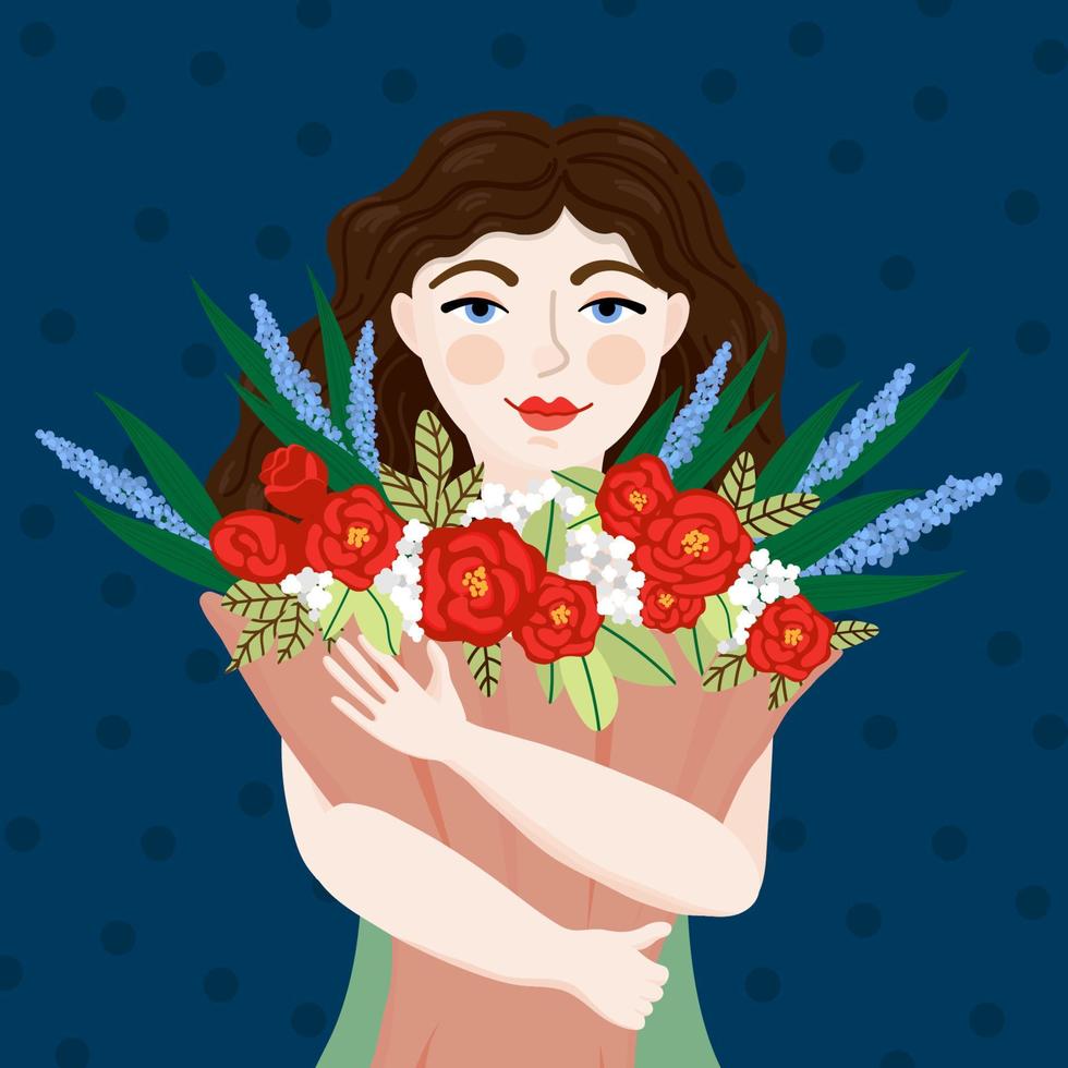 Cute girl with flowers vector illustration in flat cartoon style. Young woman with a bouquet of roses. Female face portrait for card and web. Happy womens day and mothers day concept.