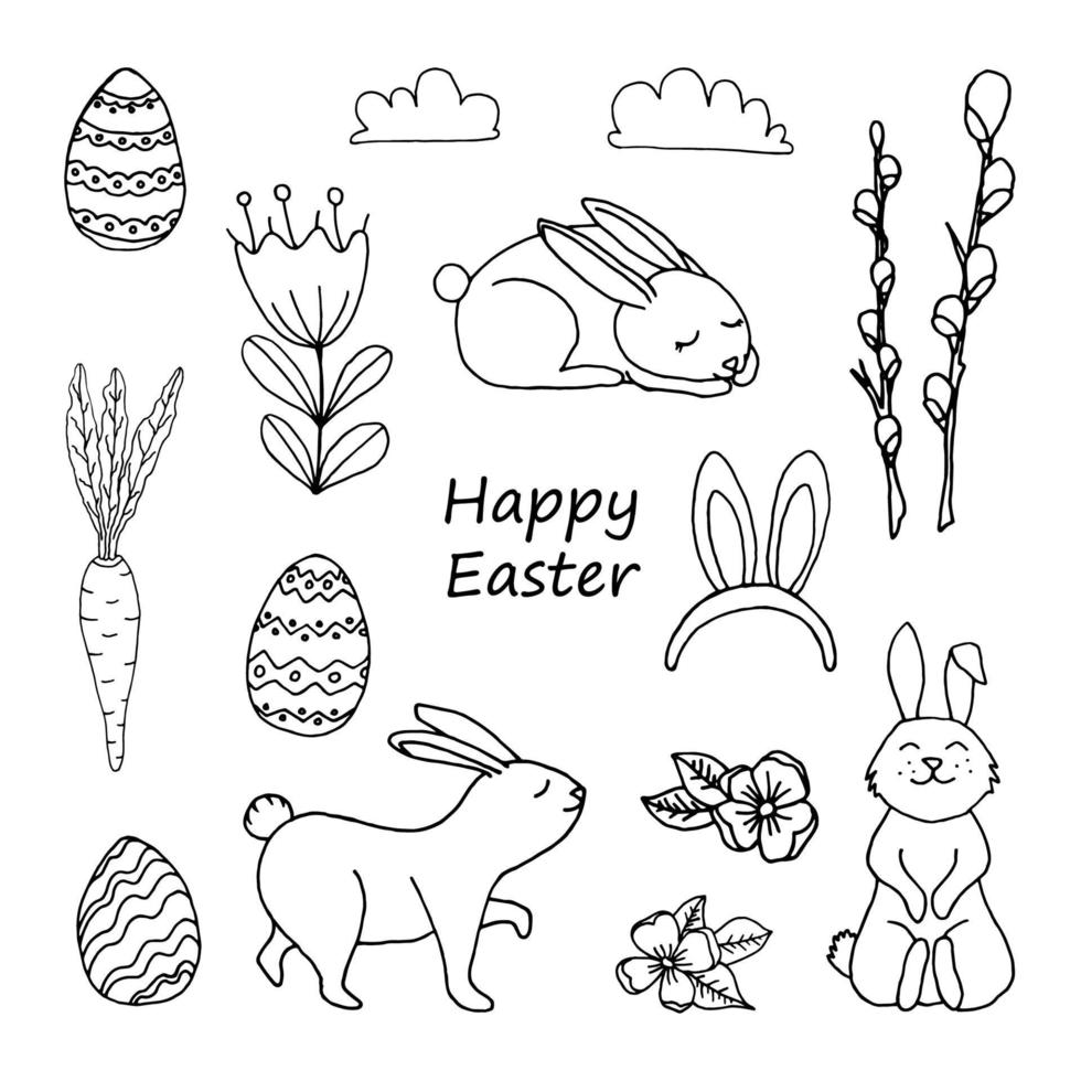 conjunto de elementos de diseño de felices pascuas. conejos, huevos, sauce, flores, zanahorias, nubes vector