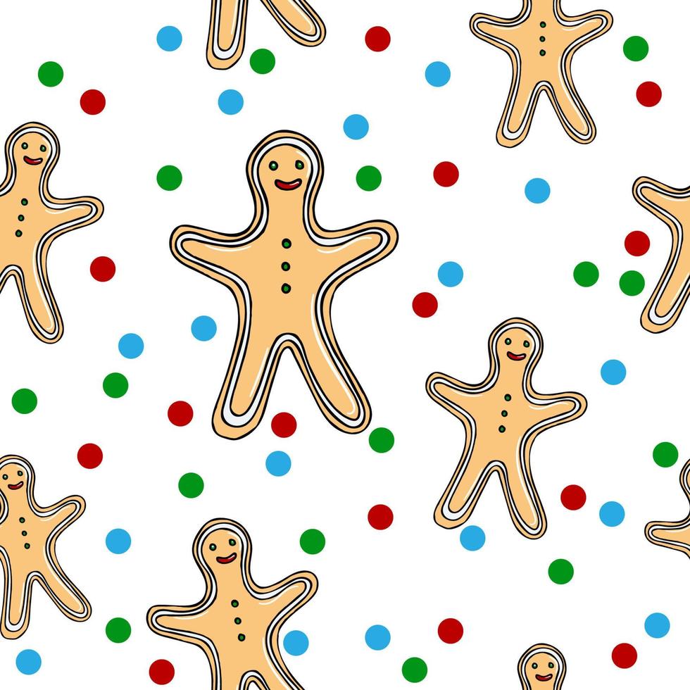 Christmas vector seamless pattern. Gingerbread man background. New Year colorful texture  for wrapping, wallpaper, textile, scrapbooking. Hand drawn vector illustration in doodle style.