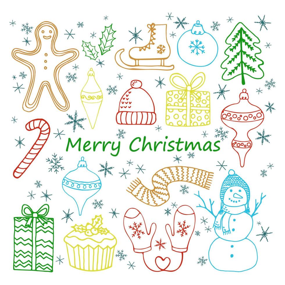 Colorful sticker set. Snowman, mittens, cupcake, Christmas tree, New Year's toys, cookie, hat, skates, gift, snowflakes, sweet cane. Concept Holidays. Hand drawn vector illustration in doodle style.