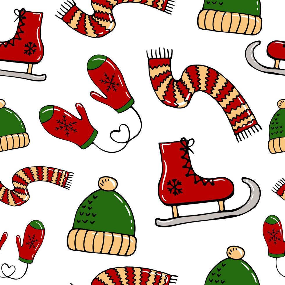 Christmas vector seamless pattern. Mittens, hat, skates, scarf background. New Year colorful texture  for wrapping, wallpaper, textile, scrapbooking. Hand drawn vector illustration in doodle style.