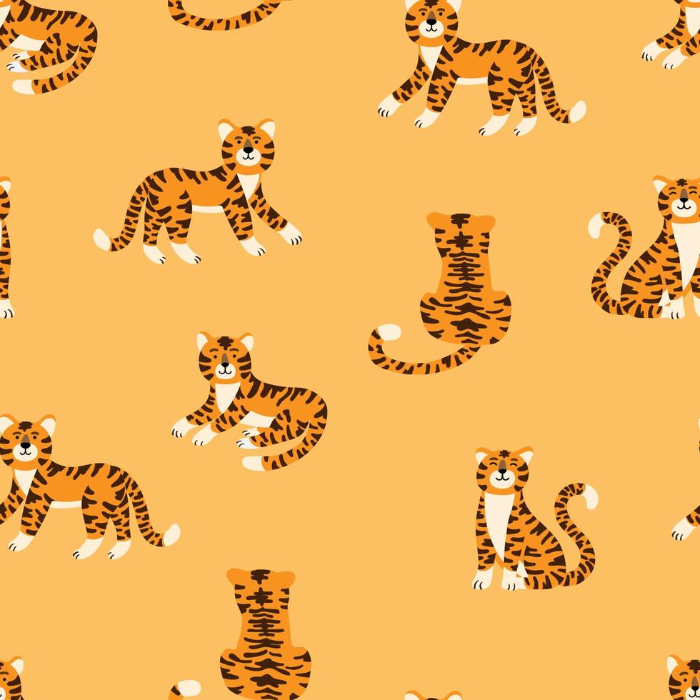 Cute tigers vector seamless pattern. Show of circus animals. Fashionable texture. Design for fabric, wallpaper, wrapping paper, invitation card, scrapbook paper.