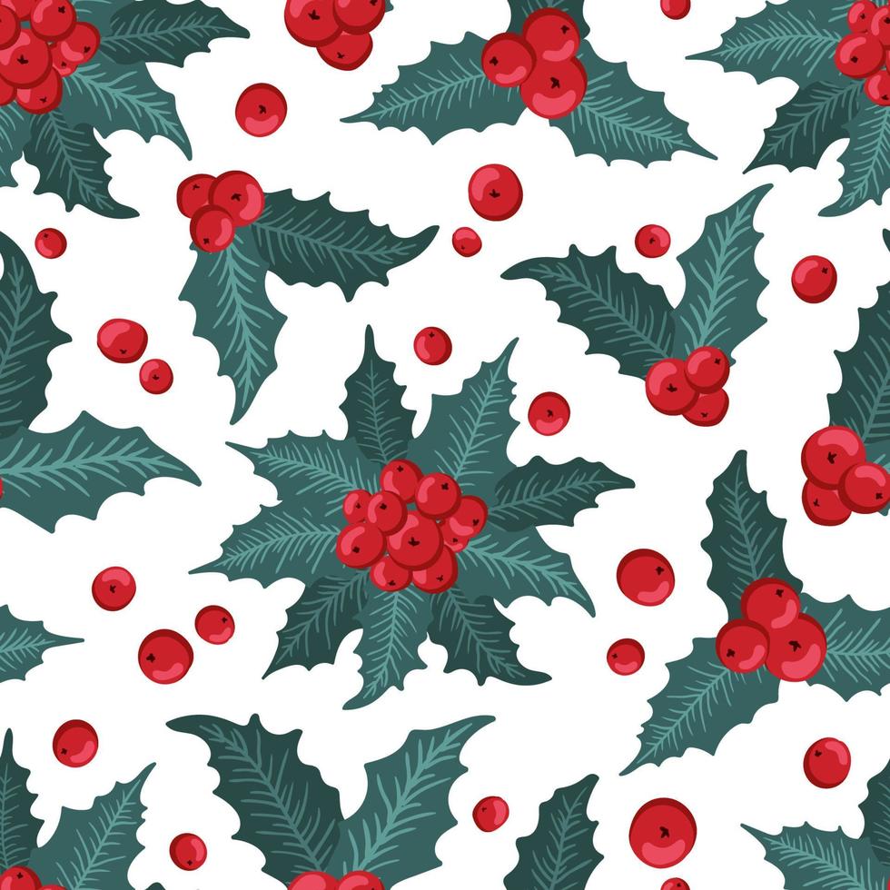 Seamless pattern with winter plants, holly berry, rowan branches. Festive American traditional ornate for New Year, Christmas. Hand drawn vector illustration for wrapping paper, textile printing