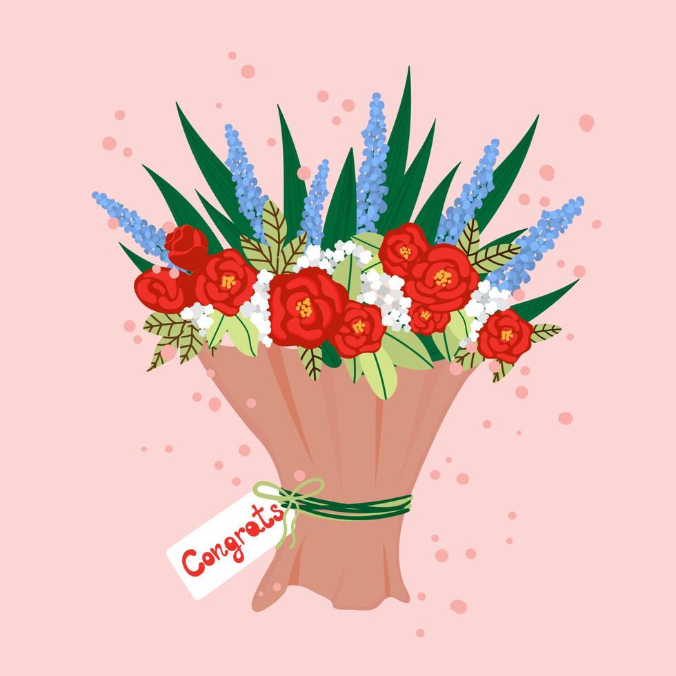 Beautiful flower bouquet. Congrats banner or greeting card template with bunch of flowers. Congratulations floral flat vector illustration for greeting card, poster, print, invitation