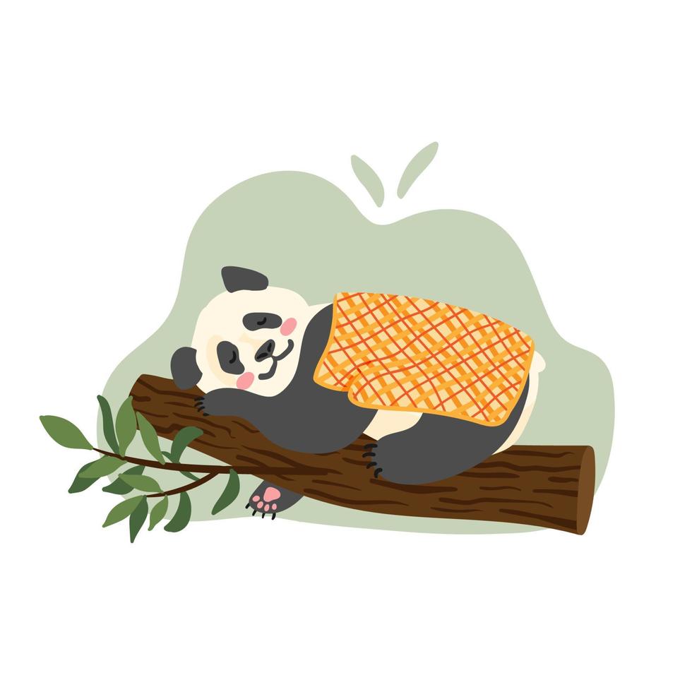 Hand drawn sketch lazy giant panda baby sleeping on tree branch. Asian rainforest animal resting. Wild cute mammal character dreaming. Jungle, forest wildlife, zoo nursery print children book drawing vector