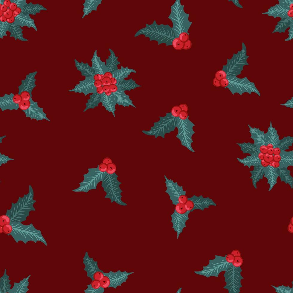 Seamless pattern with winter plants, holly berry, rowan branches. Festive American traditional ornate for New Year, Christmas. Hand drawn vector illustration for wrapping paper, textile printing