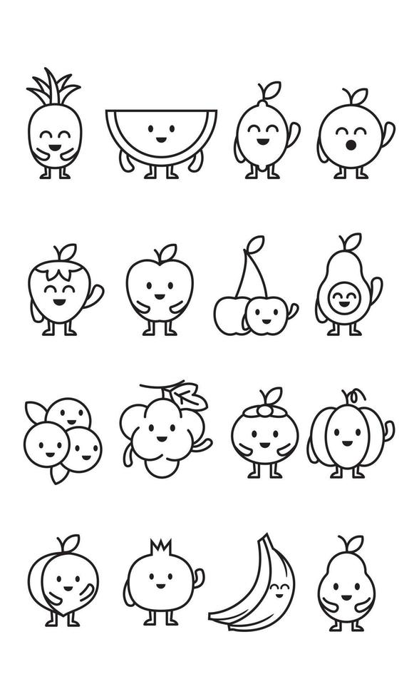 Set Line art Fruits Character vector