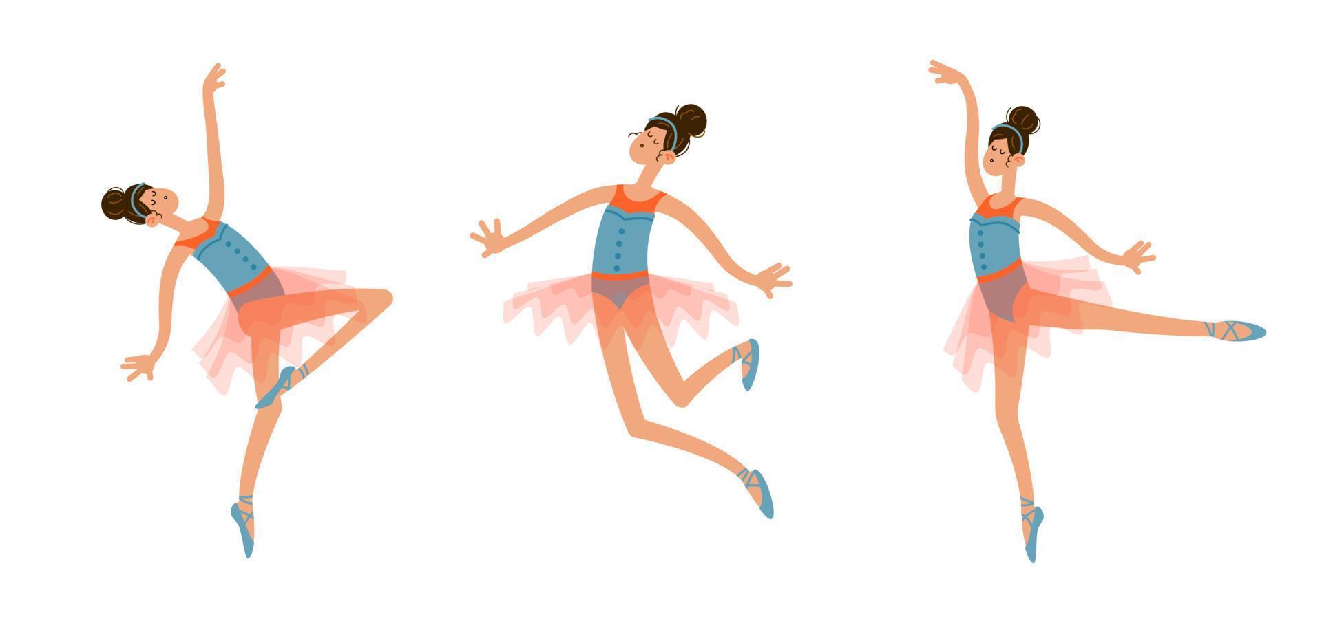 Establecer bailarina bailarina en traje de tutú en diferentes poses. ilustración vectorial dibujada a mano en estilo plano de dibujos animados vector