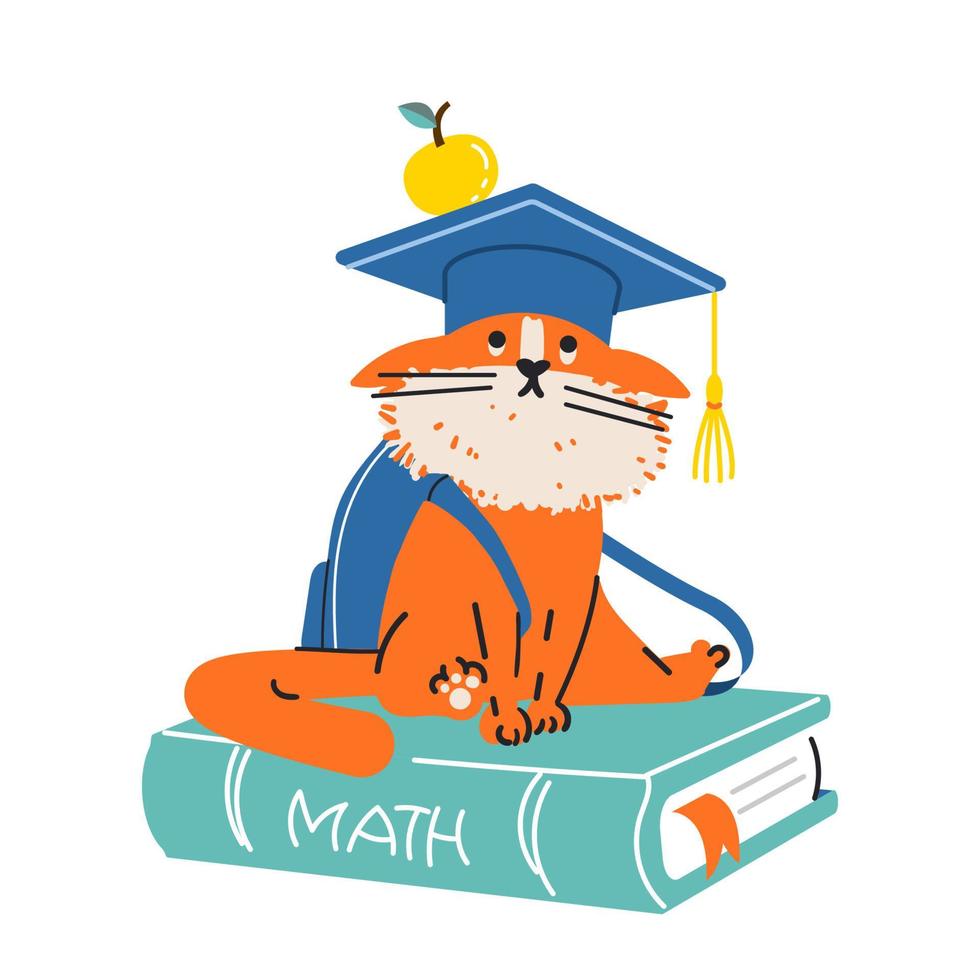 un lindo gato con una gorra académica cuadrada se sienta en un libro. volver al concepto de escuela. Ilustración dibujada a mano en estilo de dibujos animados. vector sobre fondo blanco