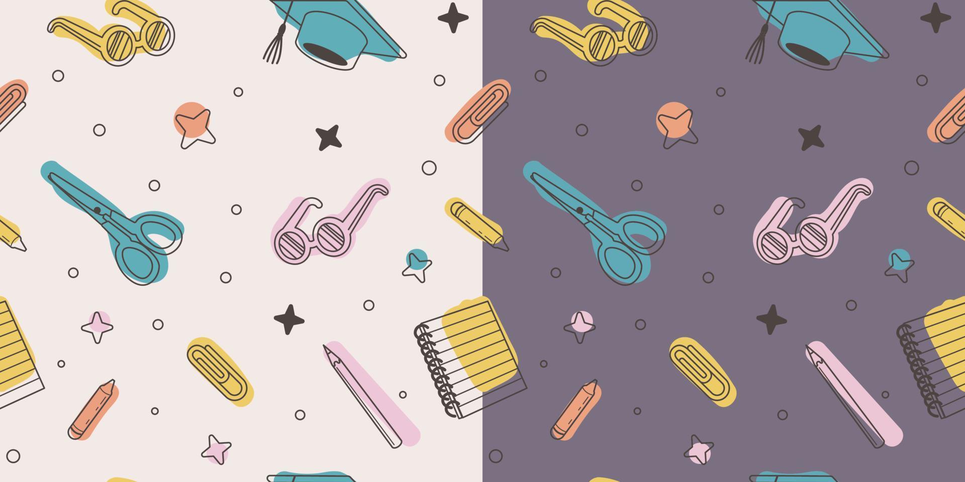 Back to school seamless pattern. Hand draw doodle illustration with school supplies. Scissors, square academic cap, glasses, pencil. Vector