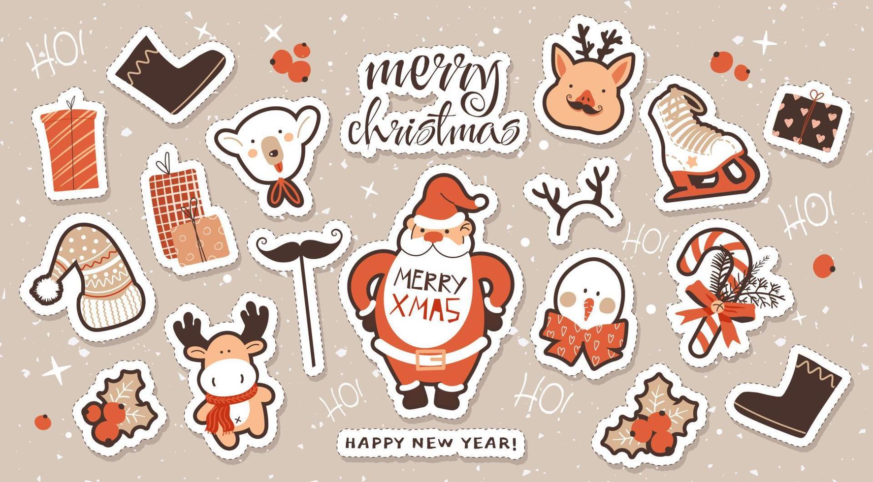 Christmas sticker collection. Hand drawn cute color illustrations. A set of graphic elements for design and decoration. Vector