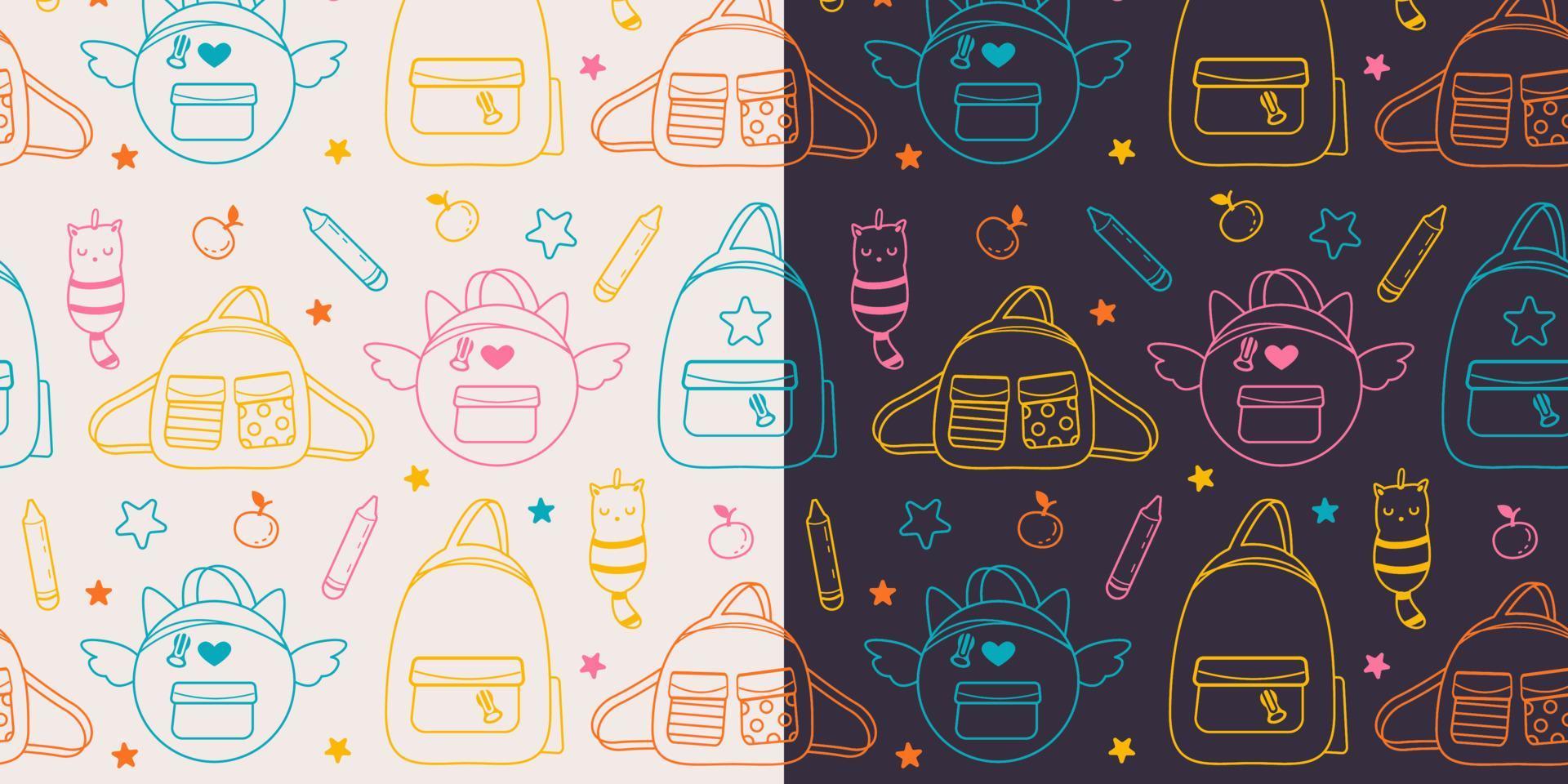 regreso a la escuela de patrones sin fisuras. Dibujar a mano ilustración de doodle con mochilas. vector