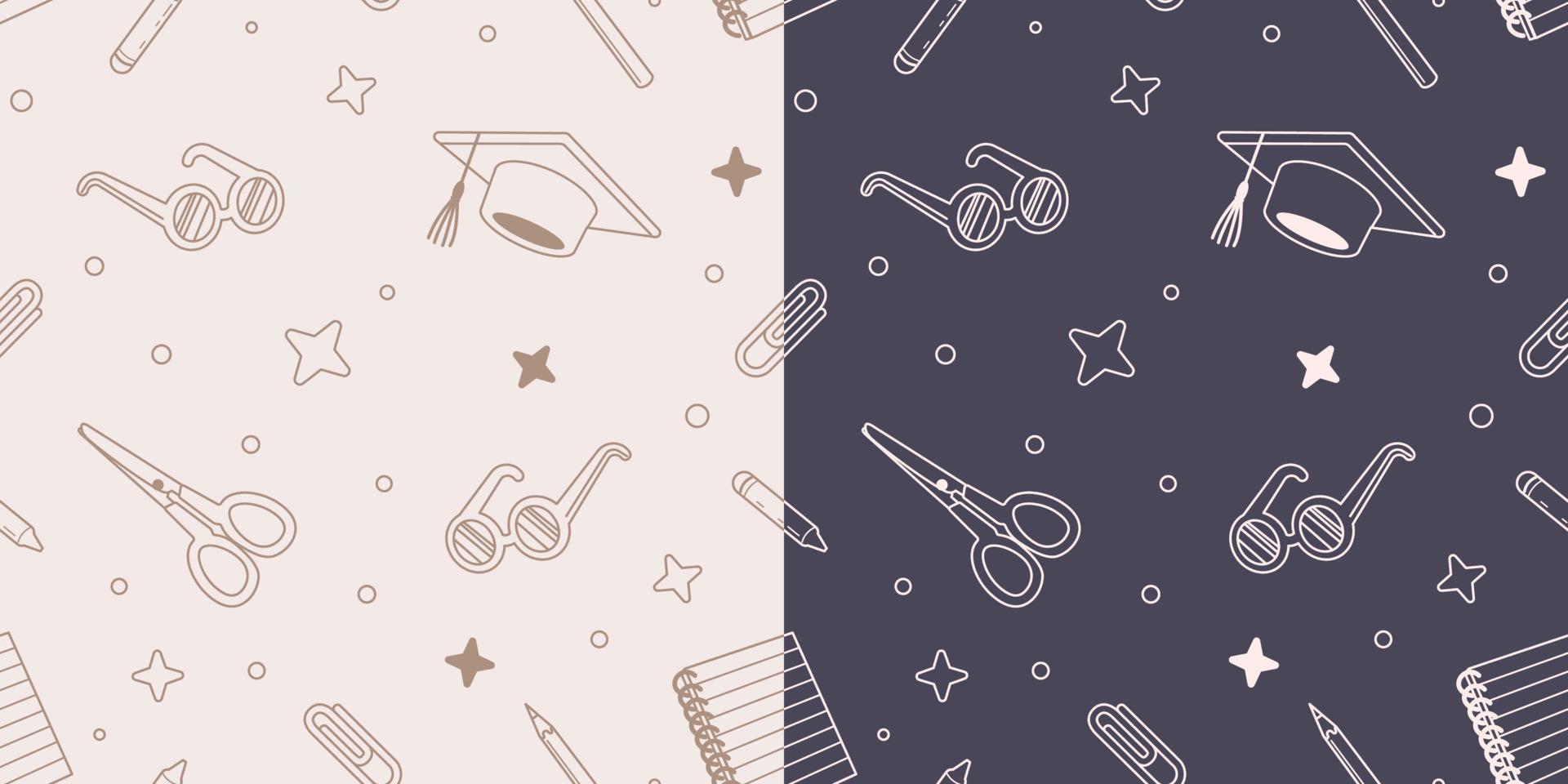 Back to school seamless pattern. Hand draw doodle illustration with school supplies. Scissors, square academic cap, glasses, pencil. Vector