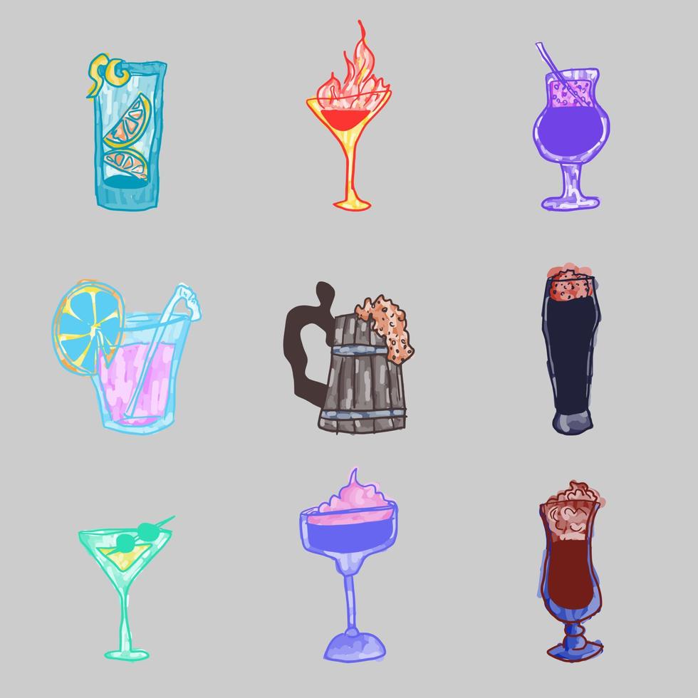 selection of bright doodles of alcohol on a dark background vector