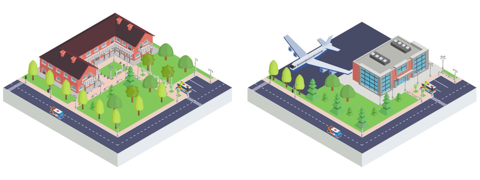 aeropuerto de la ciudad isométrica y museo del juguete. vector