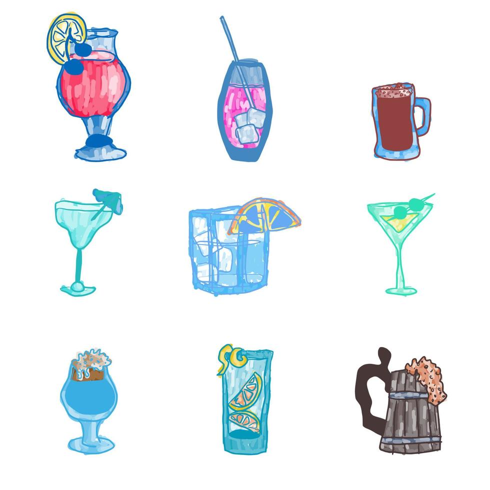 Doodle dibujos de bebidas alcohólicas sobre un fondo blanco. vector