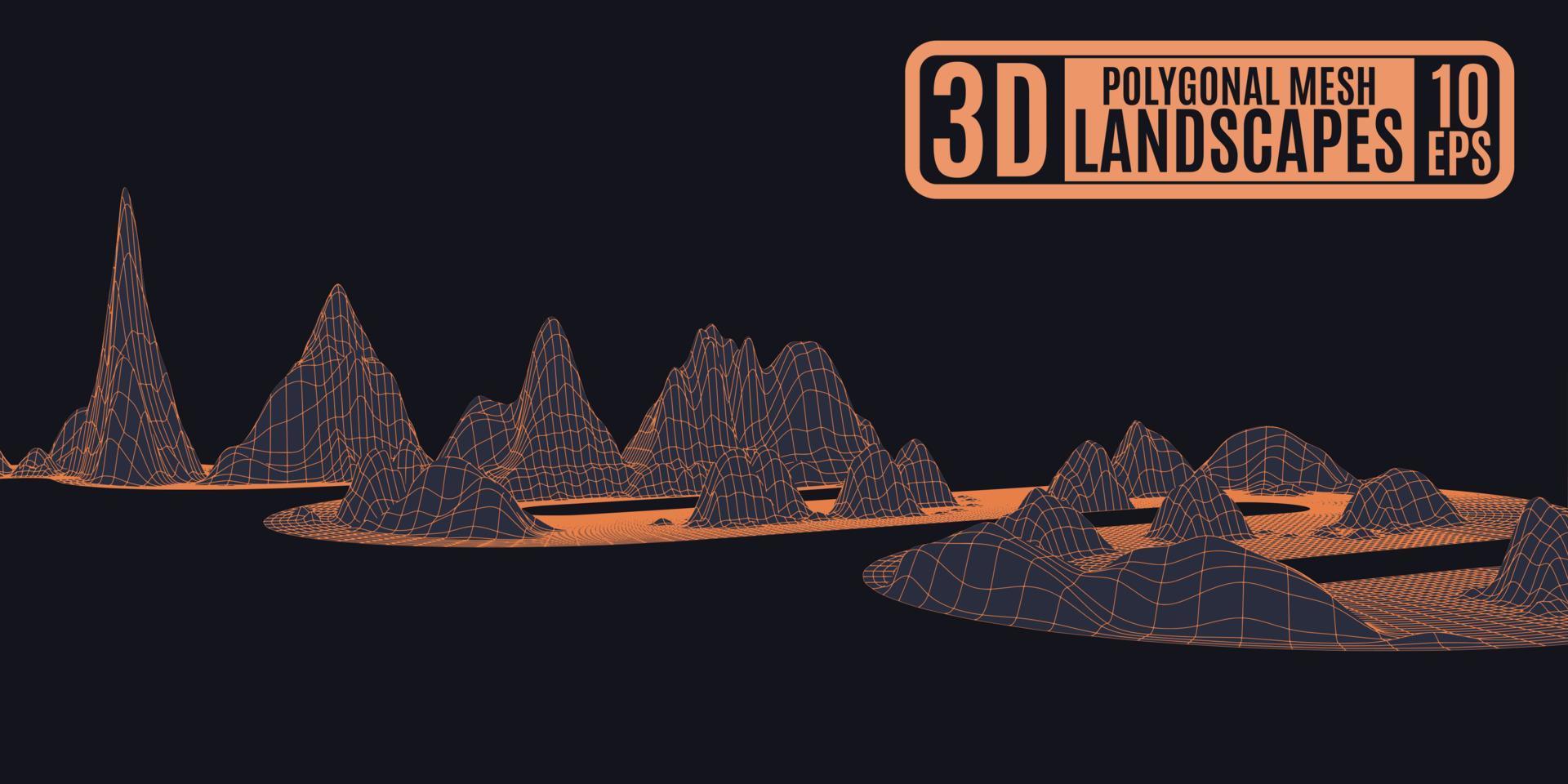 paisaje futurista naranja sobre patrón volumétrico negro vector