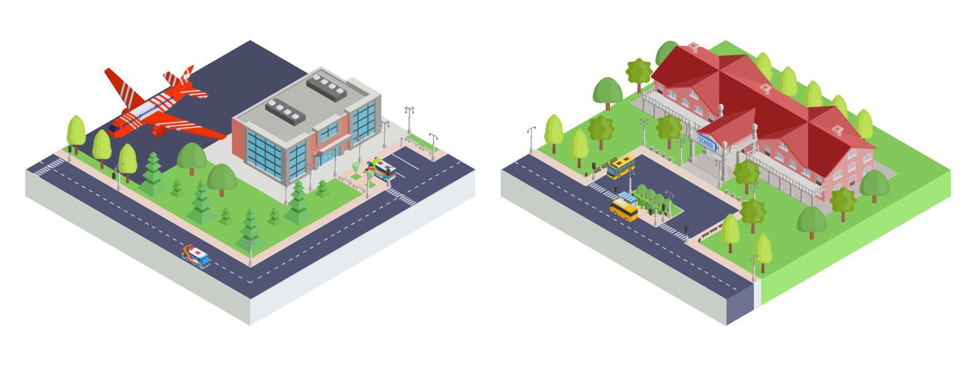 aeropuerto isométrico y escuela de una pequeña ciudad. vector