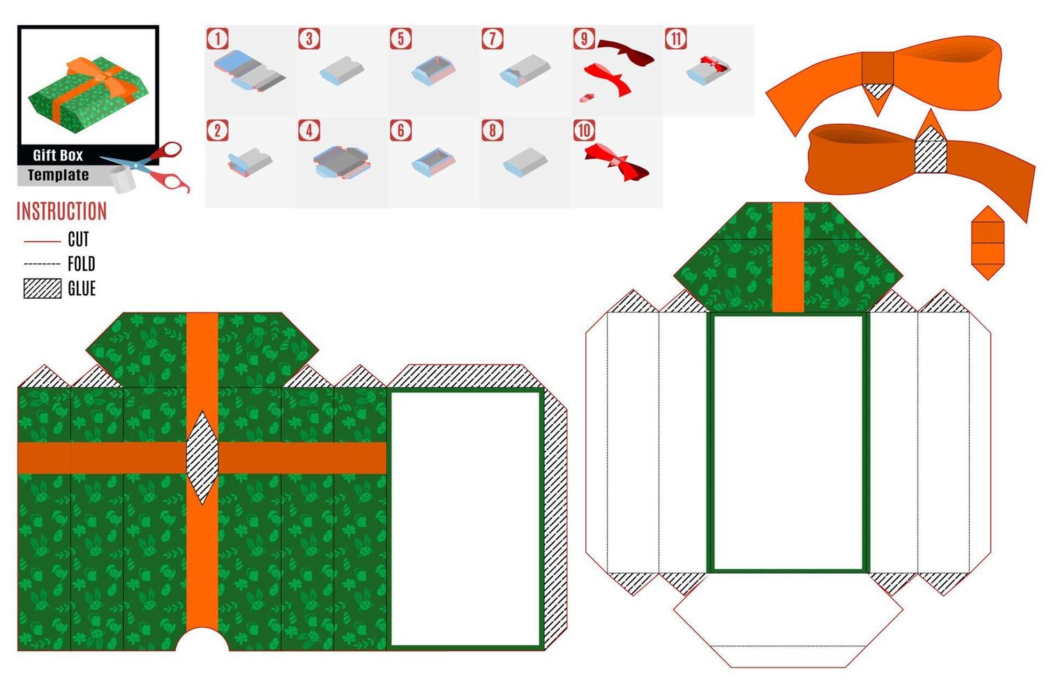 Regalo de plantilla de caja de papel verde con lazo y cinta vector