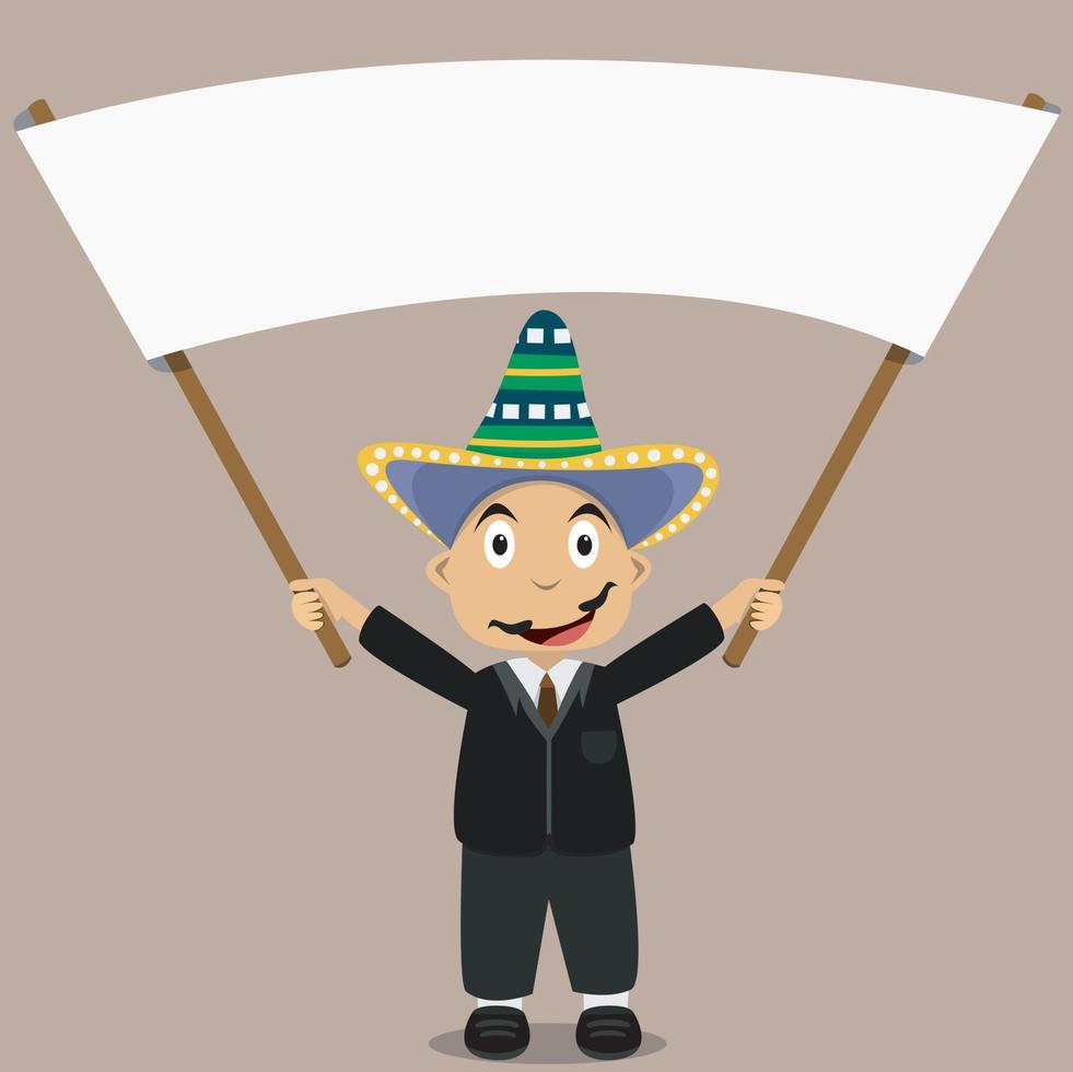 Ilustración de vector de niño de México con banner en blanco y fondo de color marrón.