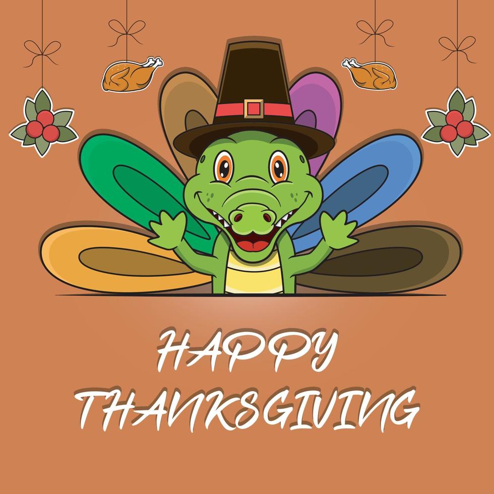 Happy Thanksgiving Greeting Card, Poster, or flyer Celebration Design With Crocodile Character. vector