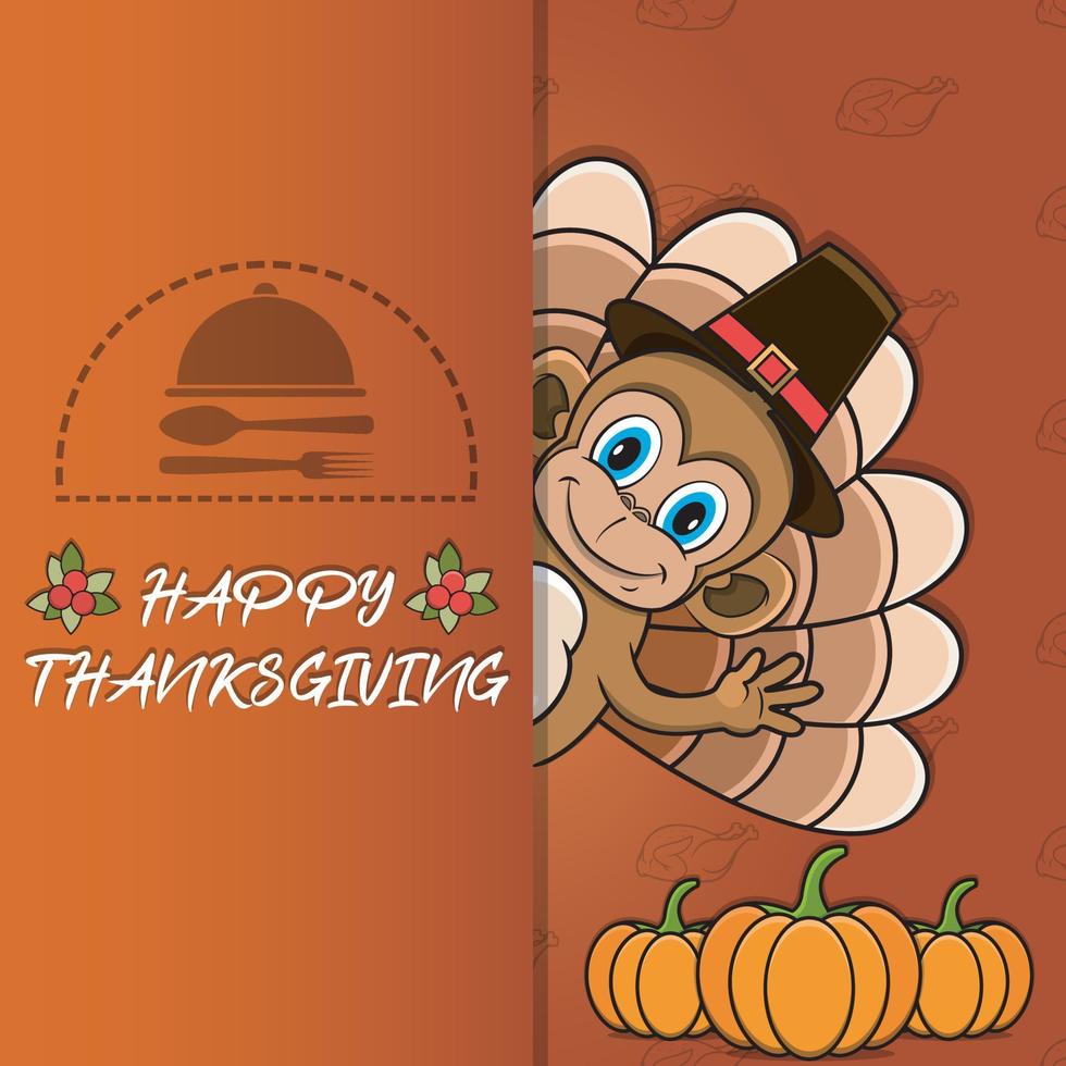 Thanksgiving card with Monkey Character Design. Happy Thanksgiving. Perfect For greeting card, Poster or Flyer Celebration Design. vector