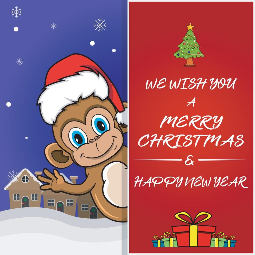 Merry Christmas Greeting Card, Flyer, Invitation, and Poster. Cute Monkey Character Design Wearing Hat. vector