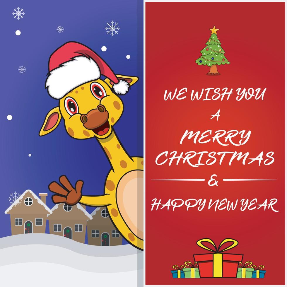Feliz Navidad tarjeta de felicitación, volante, invitación y póster. lindo diseño de personaje de jirafa con sombrero. vector